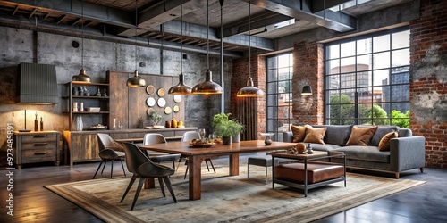 industrial chic distressed textures urban grays rich wood tones industrial lighting harsh shadows dramatic flair metallic accents editorial mood monthly planning