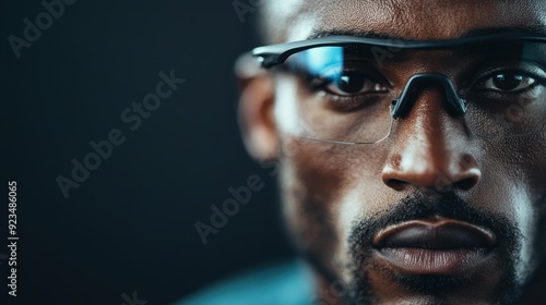 A close-up image of a person wearing glasses, partially visible against a dark background, highlighting the detail and sophistication of eyewear in a minimalist setting.