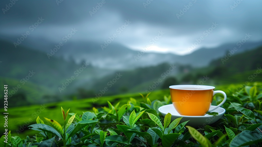Сup of calming herbal tea in the mountains surrounded by Sri Lanka’s lush tea plantations Сup of calming herbal tea in the mountains surrounded by Sri Lanka’s lush tea plantations