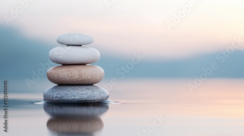 A harmonious stack of balanced stones sitting peacefully on a smooth water surface with a blurred, tranquil background exuding a sense of zen, calmness, and balance.