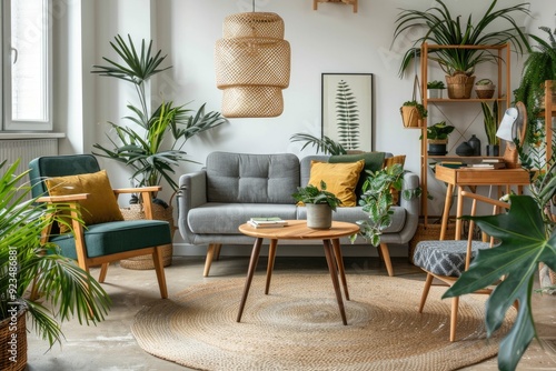 Cozy Home Interior. Chic Elm Wood Chair and Botany Accessory in Modern Boho Room