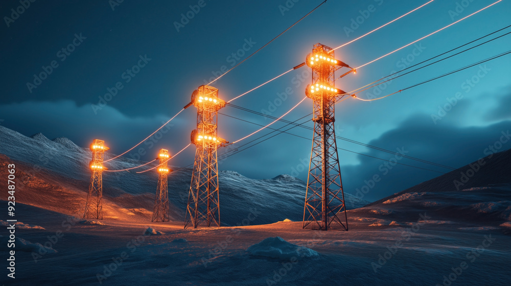 High-voltage power lines on steel towers illuminated at night in a ...