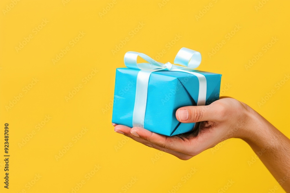 Holding Present. Woman's Hand Holding Wrapped Blue Gift Box, Giving Birthday Surprise Holding Present. Woman's Hand Holding Wrapped Blue Gift Box, Giving Birthday Surprise
