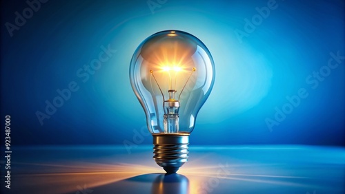 Isolated light bulb on a bright blue background, emitting a warm glow, symbolizing innovation, creativity, and inspiration, with a soft focus and minimalistic composition.