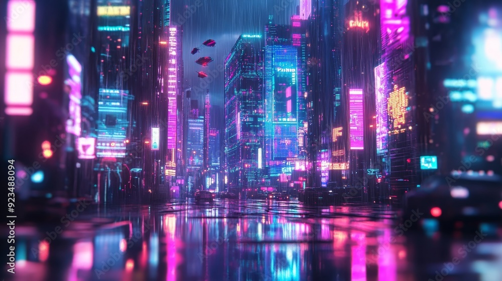 Fototapeta premium Neon Cityscape in the Rain