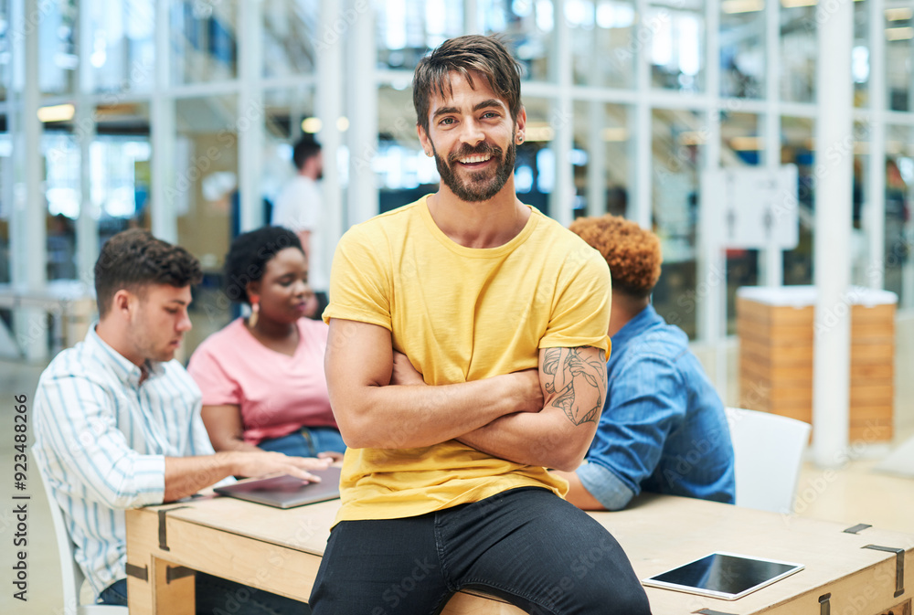 Fototapeta premium Portrait, arms crossed and happy business man at startup for career pride, coworking and laughing at internship. Project manager, confident entrepreneur and employee with creative team at meeting