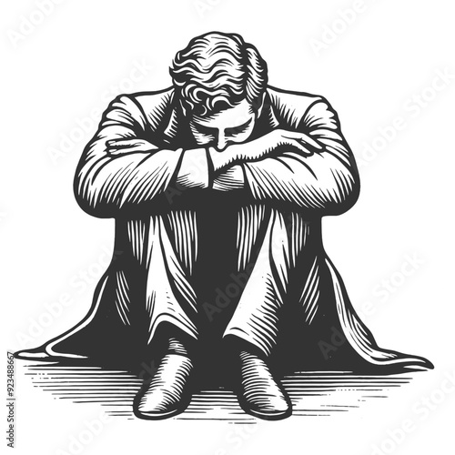 man sitting with his head resting on his arms, deep sense of sadness or despair, sketch engraving generative ai fictional character vector illustration. Scratch board imitation. Black and white image.