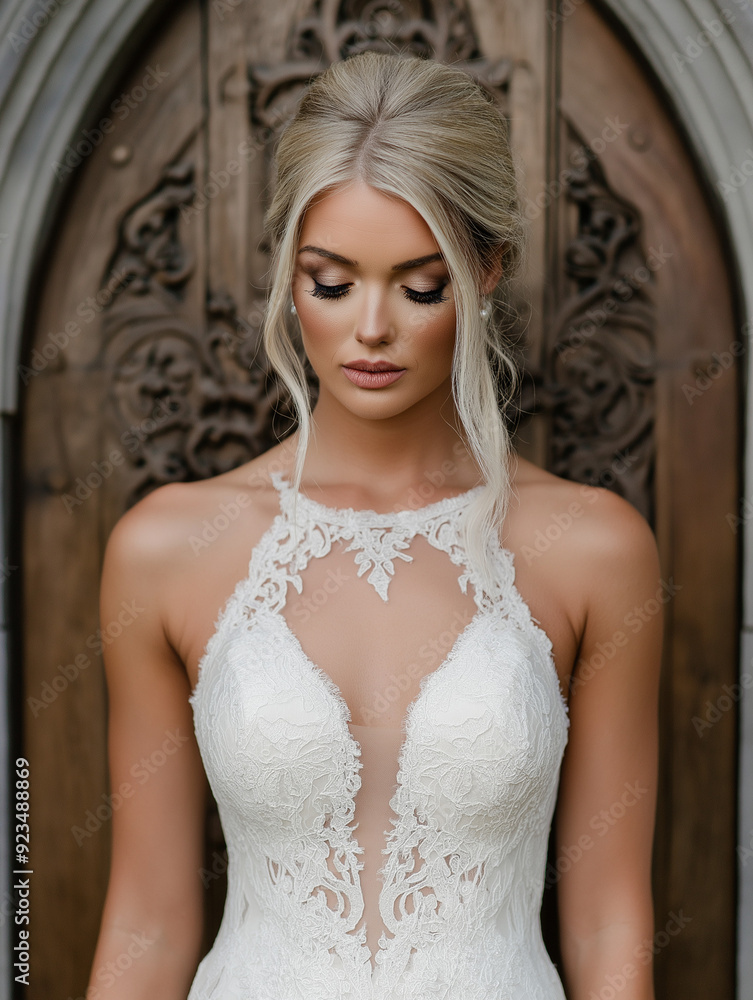 Fototapeta premium beautiful bride in a white wedding dress in front of a vintage church door. generative ai