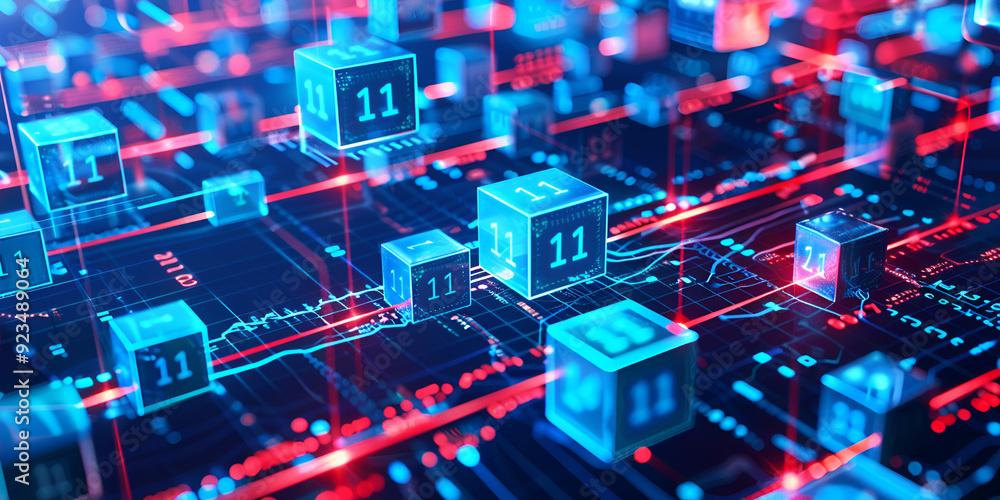 Digital cubes with binary codes glowing in a network grid representing blockchain data processing and secure transactions in a high-tech environment Digital cubes with binary codes glowing in a network grid representing blockchain data processing and secure transactions in a high-tech environment