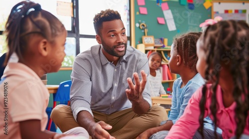 A teacher interacts with young students, encouraging participation in a lively educational discussion