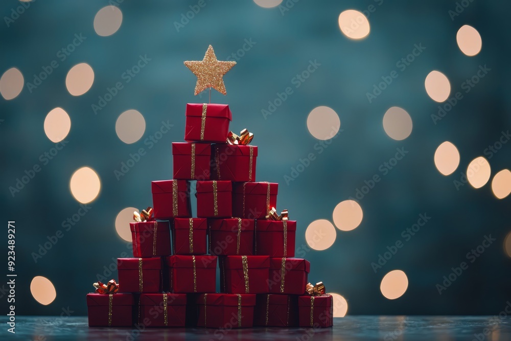 Pyramid of red gift boxes decorated with golden ribbons and a star on ...