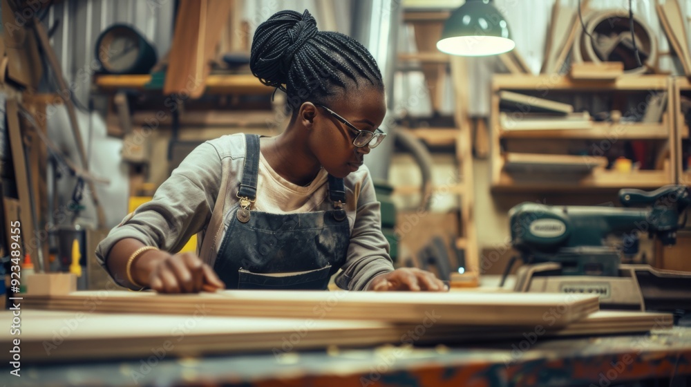 African black woman working with wooden furniture for home decoration in wood studio African black woman working with wooden furniture for home decoration in wood studio