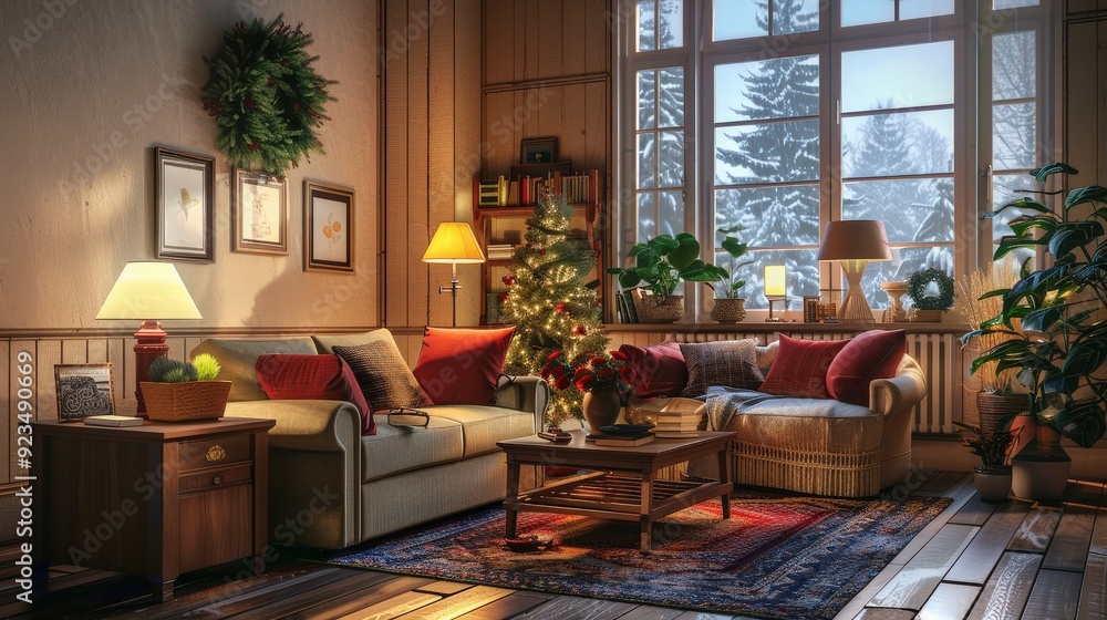 Create a 3D scene of a cozy living room. Create a 3D scene of a cozy living room.