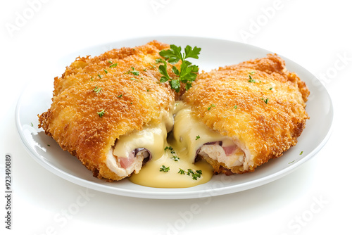 Plate of Chicken Cordon Bleu Isolated on a white Background