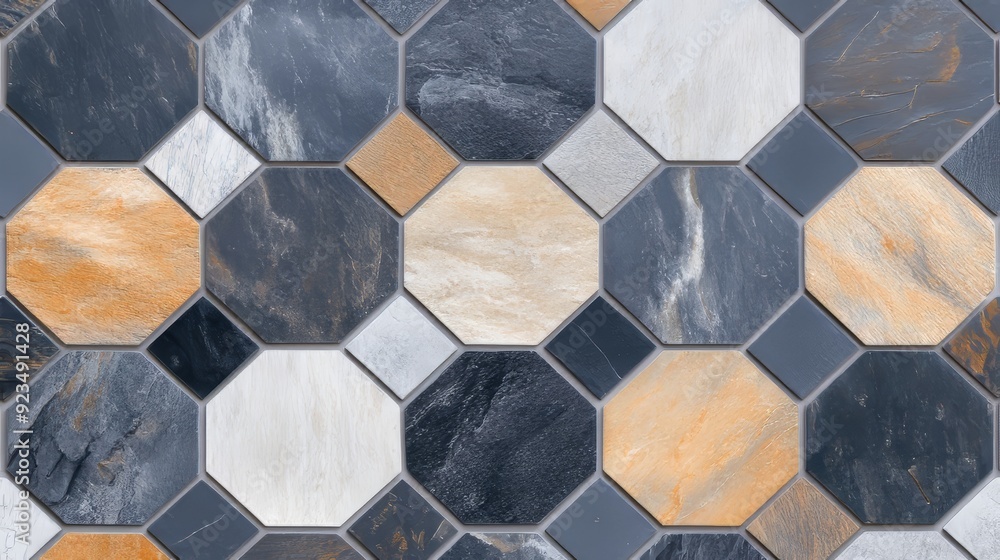 Modern hexagon pattern with a mix of stone textures, utilizing natural, muted colors for a rugged, yet sophisticated visual effect Modern hexagon pattern with a mix of stone textures, utilizing natural, muted colors for a rugged, yet sophisticated visual effect