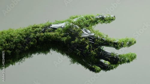 Nature's Embrace: A Mechanical Hand Transformed by Greenery photo