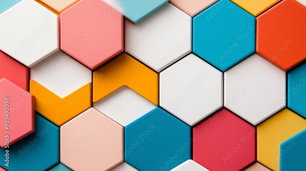 Randomly arranged hexagon tiles, each in bright and vivid colors, forming a playful and vibrant mosaic, perfect for backgrounds and creative projects Randomly arranged hexagon tiles, each in bright and vivid colors, forming a playful and vibrant mosaic, perfect for backgrounds and creative projects