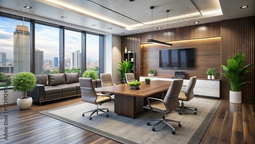 Modern office space with a large flat-screen television mounted on the wall, surrounded by sleek furniture and minimal decor, exuding a sense of professionalism.