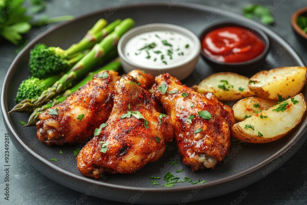 Delicious crispy chicken wings served with potato wedges and broccoli Delicious crispy chicken wings served with potato wedges and broccoli