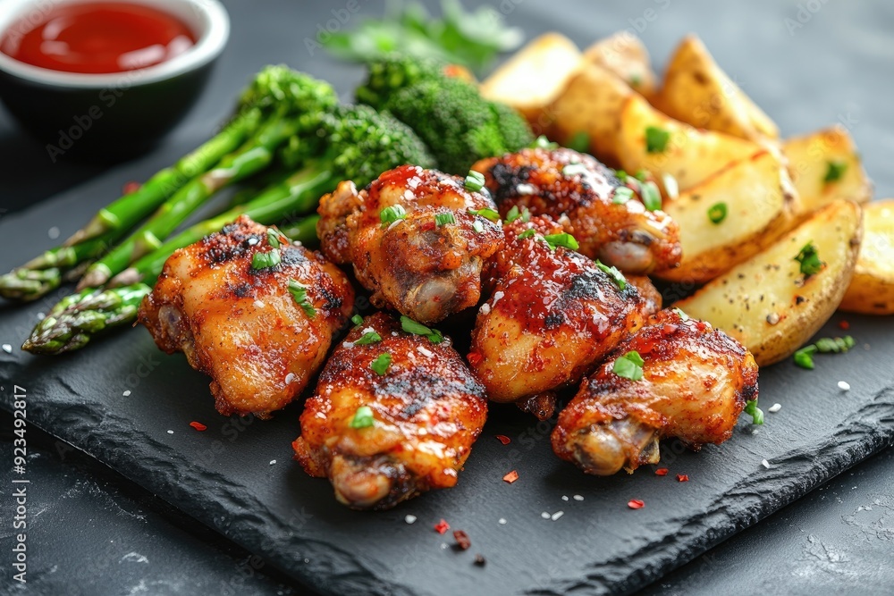 Delicious crispy chicken wings served with potato wedges and broccoli Delicious crispy chicken wings served with potato wedges and broccoli