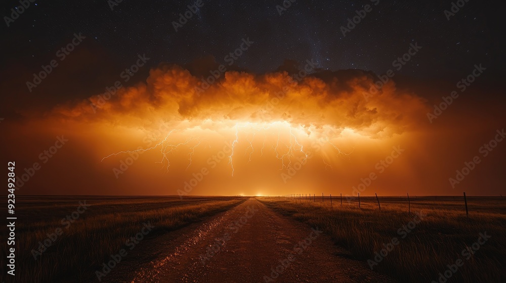 Lightning storm illuminating a dirt road at night in the countryside Lightning storm illuminating a dirt road at night in the countryside