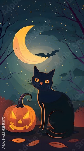 A vector illustration of a black witch's cat sitting near jack-o'-lantern. The scene is enveloped in fog and illuminated by the glow of the full moon, banner with free empty copyspace for text.