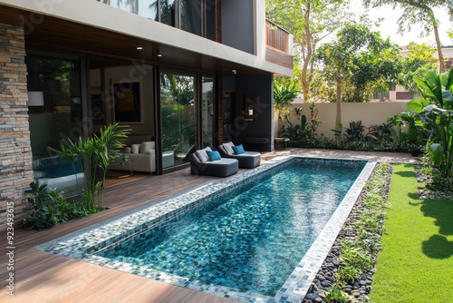 Wallpaper Mural Modern turquoise  swimming pool surrounded by green grass and plants Torontodigital.ca