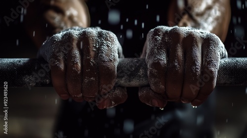 Obraz na płótnie A weightlifter's chalky hands grip the barbell, their face showing intense focus for the lift. w salonie