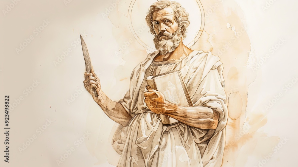 Fototapeta premium Biblical Illustration of Apostle Bartholomew Holding Knife and Book Symbols of Martyrdom and Missionary Work on Beige Background with Copyspace