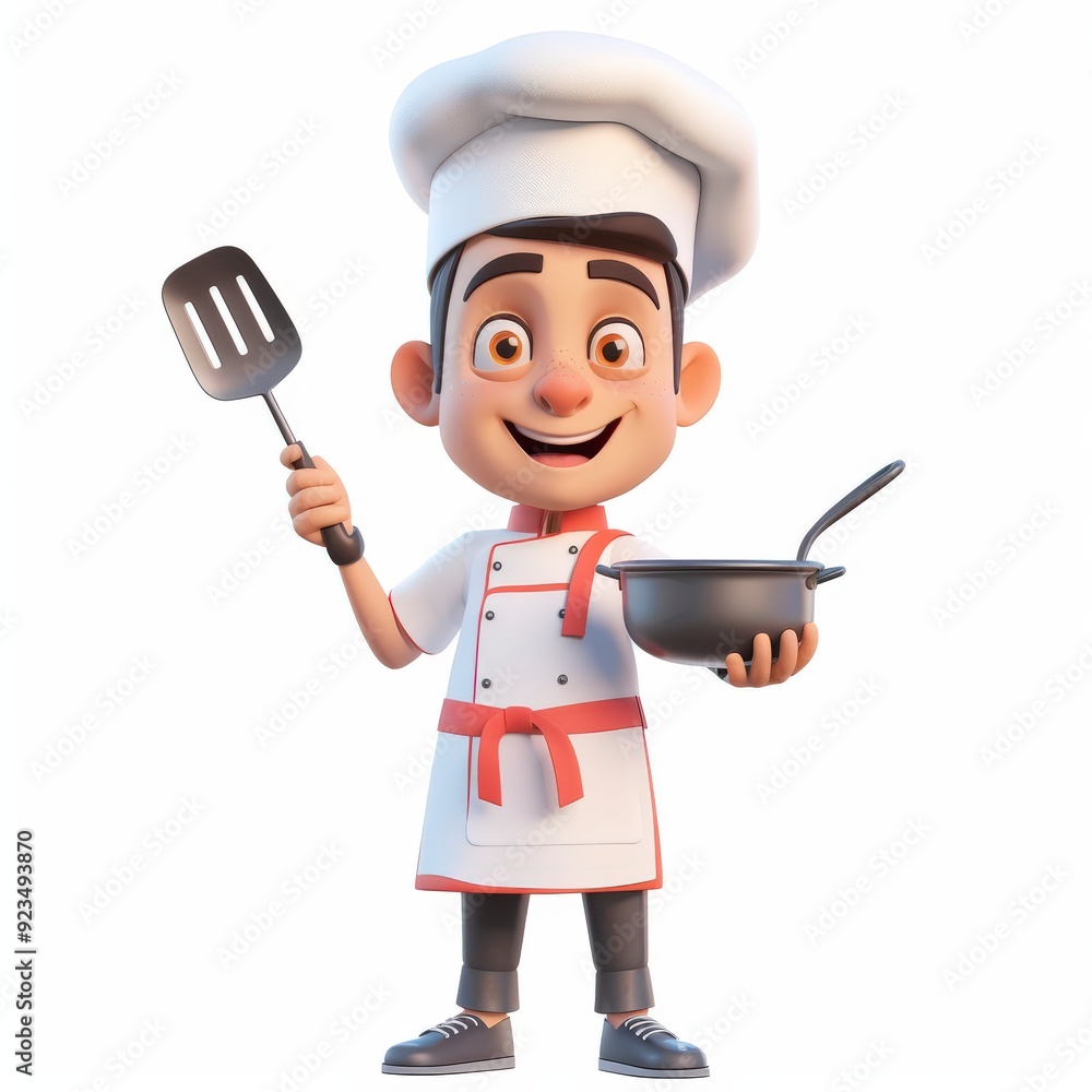 A cheerful cartoon chef holding a spatula and a bowl, ready to cook. A cheerful cartoon chef holding a spatula and a bowl, ready to cook.