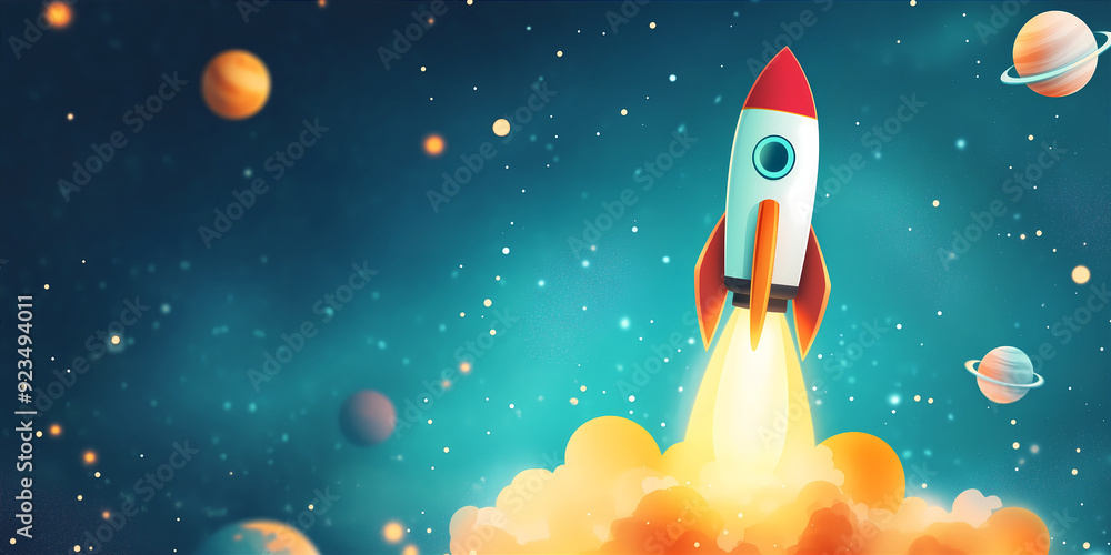 Rocket isolated on blue background with stars. Spaceship flying up in space. School and learning concept Rocket isolated on blue background with stars. Spaceship flying up in space. School and learning concept