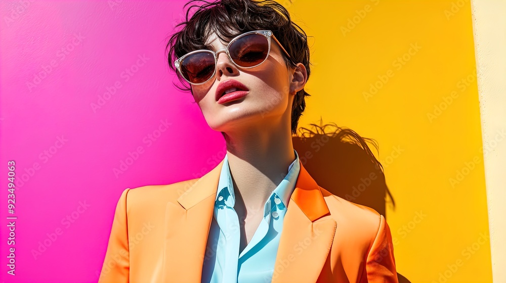 Chic Fashion Statement: Bold Orange Suit & Distinctive Hairstyle Against Pink and Yellow Backdrop – Perfect for Sports Interior Posters! Chic Fashion Statement: Bold Orange Suit & Distinctive Hairstyle Against Pink and Yellow Backdrop – Perfect for Sports Interior Posters!