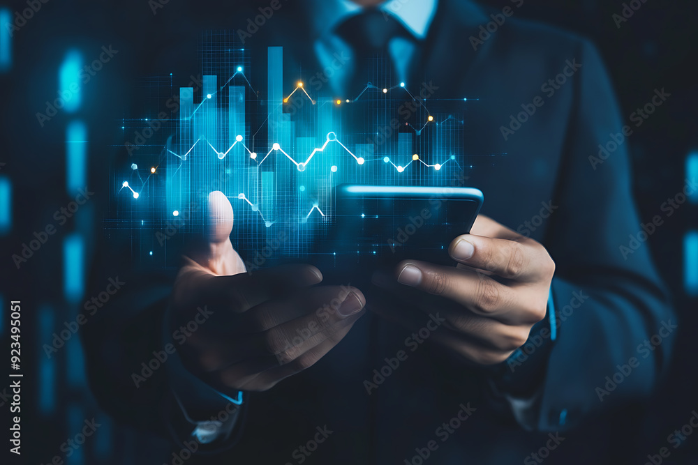 Abstract digital background featuring a businessman holding a telephone in one hand, with a smartphone screen displaying various-sized growing arrows Abstract digital background featuring a businessman holding a telephone in one hand, with a smartphone screen displaying various-sized growing arrows