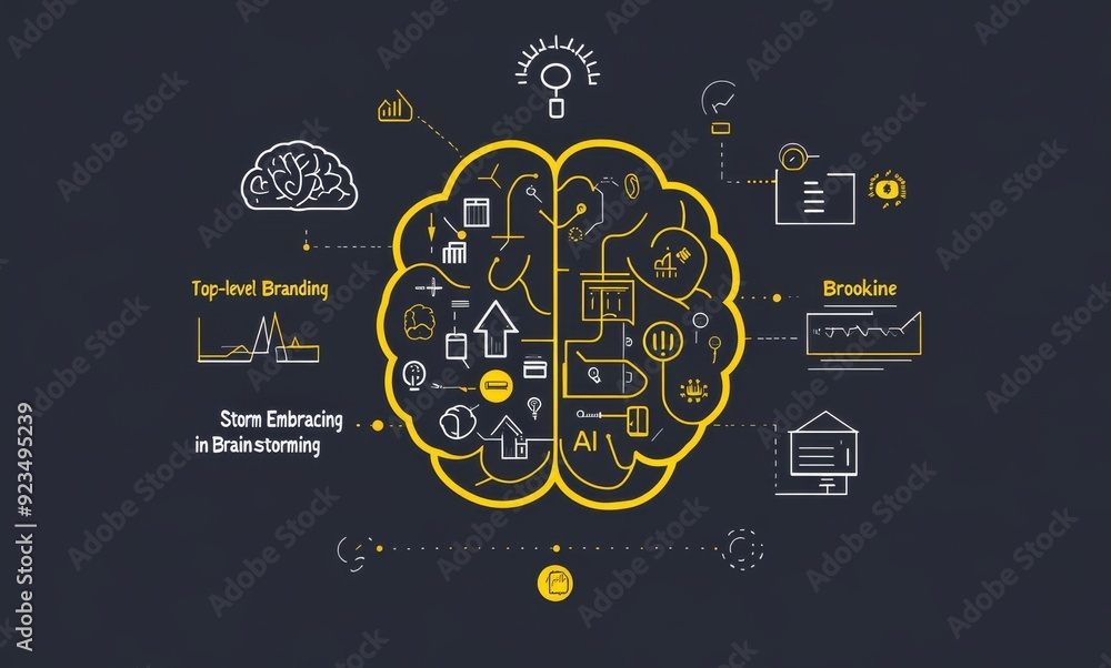 Naklejka premium Creative brain logo with business icons highlighting brainstorming and branding
