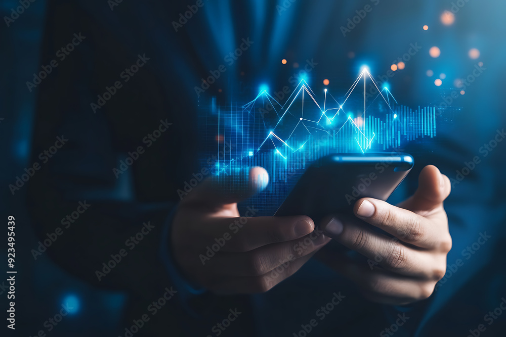 Abstract digital background featuring a businessman holding a telephone in one hand, with a smartphone screen displaying various-sized growing arrows Abstract digital background featuring a businessman holding a telephone in one hand, with a smartphone screen displaying various-sized growing arrows