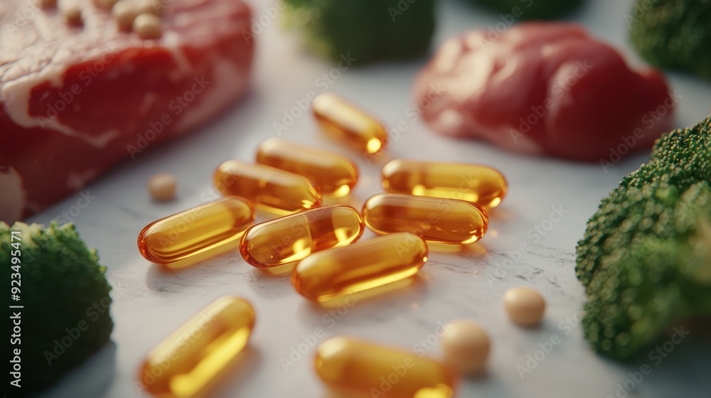 Close-Up of Omega-3 Fish Oil Capsules with Fresh Meat and Vegetables on Marble Surface Close-Up of Omega-3 Fish Oil Capsules with Fresh Meat and Vegetables on Marble Surface