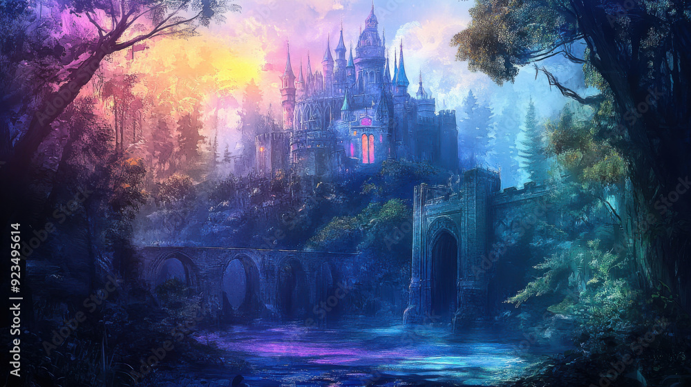 Intricate fairy castle depicted in a unique art style, surrounded by a dreamy fantasy garden with watercolor effects, illuminated by natural light. Intricate fairy castle depicted in a unique art style, surrounded by a dreamy fantasy garden with watercolor effects, illuminated by natural light.