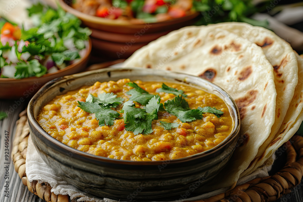 assortment of Indian cuisine with naan bread, dal tadka, and a fresh salad served in bowls assortment of Indian cuisine with naan bread, dal tadka, and a fresh salad served in bowls