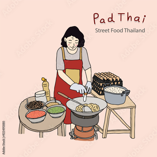 "Pad Thai" street food in Thailand, woman cooking Pad Thai at street food market. Hand drawn style vector illustration.