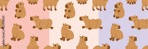 Cute capybara in various poses vector illustration Funny capibara, adorable exotic animal relaxing standing and sitting South America mammal seamless pattern for wallpaper wrapping paper