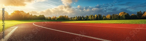 Sunset Over a Red Running Track with Green Grass and Trees in the Background