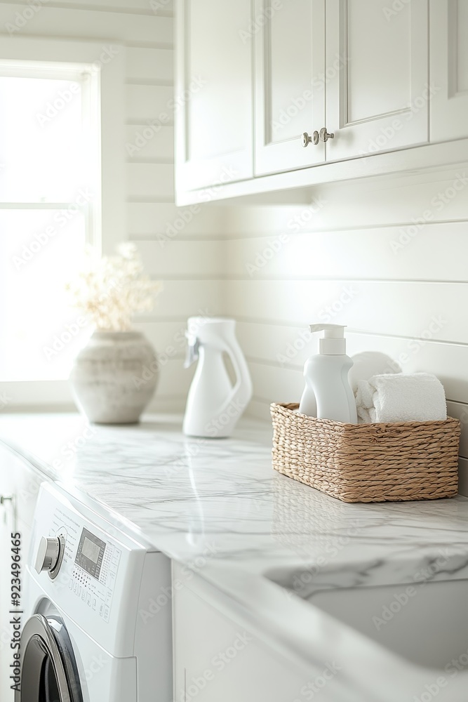Bright and Modern Laundry Room with White Cabinets, Marble Countertop, and Natural Light Bright and Modern Laundry Room with White Cabinets, Marble Countertop, and Natural Light