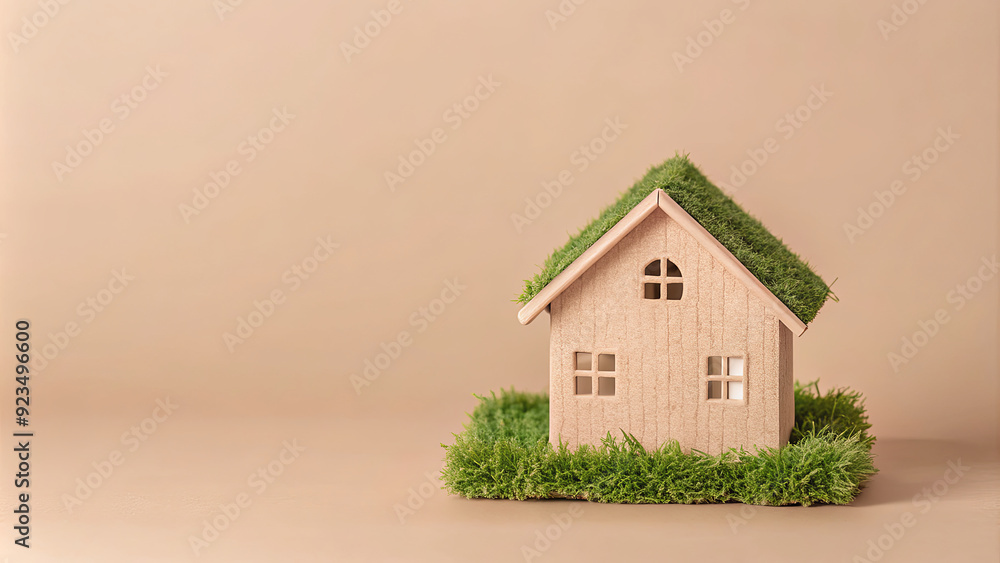A wooden house model features a grassy roof and base, emphasizing eco-friendly architecture and sustainable living principles A wooden house model features a grassy roof and base, emphasizing eco-friendly architecture and sustainable living principles
