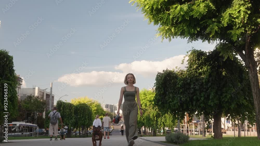 custom made wallpaper toronto digitalA young woman walks her dog in the park on a sunny day. She is enjoying the peace and quiet of nature, surrounded by trees and greenery. Other people are also enjoying the park, walking, and playing.