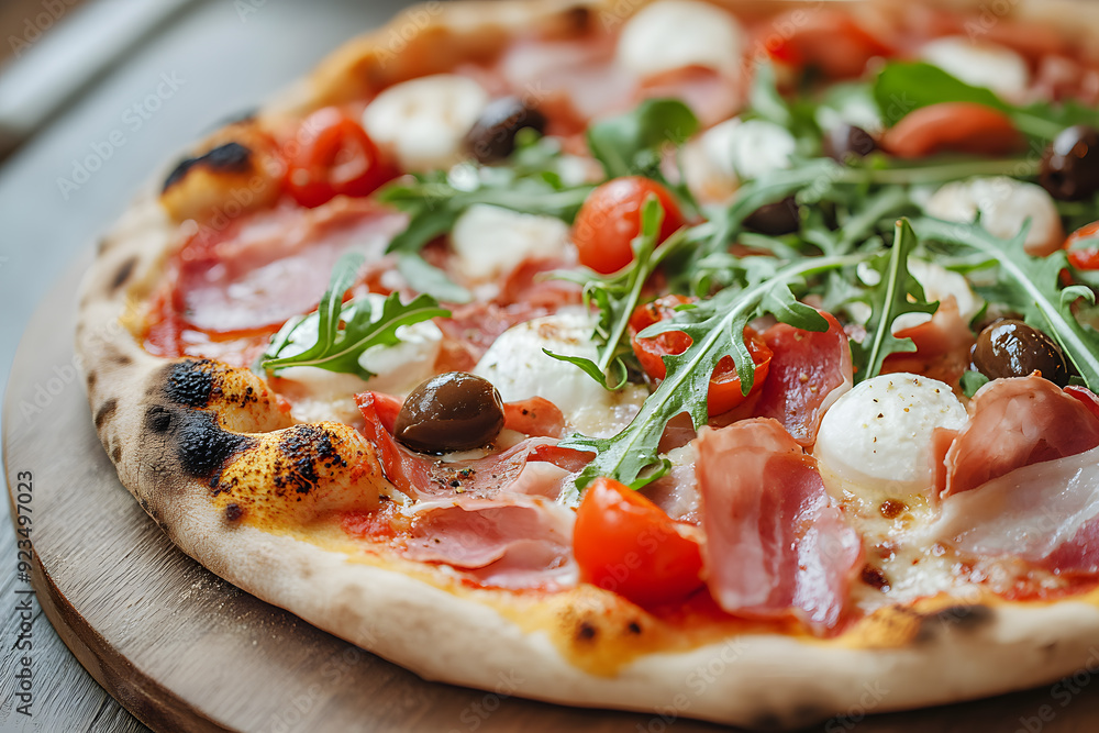 Pizza with cured ham, olives, mozzarella cheese, tomatoes and arugula commercial advertising photo
Pizza with cured ham, olives, mozzarella cheese, tomatoes and arugula commercial advertising photo
