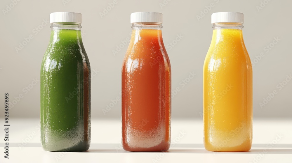 Colorful Bottles of Fresh Juice on a Light Background with Green, Red, and Orange Juices in Clear Plastic Bottles Colorful Bottles of Fresh Juice on a Light Background with Green, Red, and Orange Juices in Clear Plastic Bottles