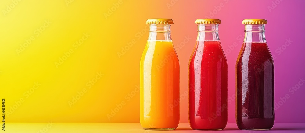 Colorful Bottles of Fresh Juice Against a Vibrant Gradient Background in Yellow, Orange, and Red Hues Colorful Bottles of Fresh Juice Against a Vibrant Gradient Background in Yellow, Orange, and Red Hues