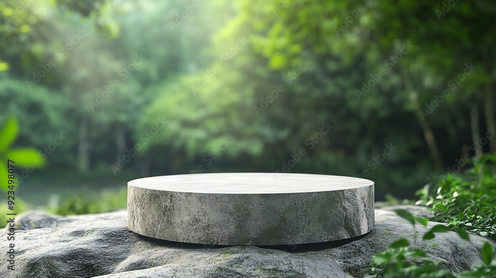 podium on rock pedestal for a product display stand, green forest and blurred on the background, natural scenery landscape. Generative ai podium on rock pedestal for a product display stand, green forest and blurred on the background, natural scenery landscape. Generative ai
