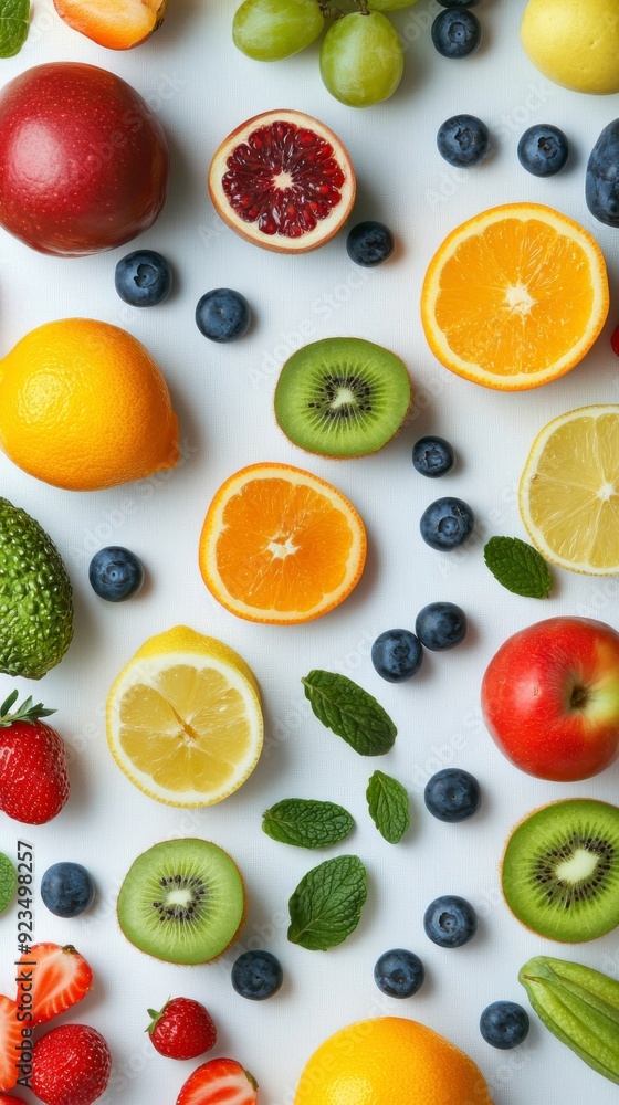 Fresh fruit flat lay composition on white background Fresh fruit flat lay composition on white background