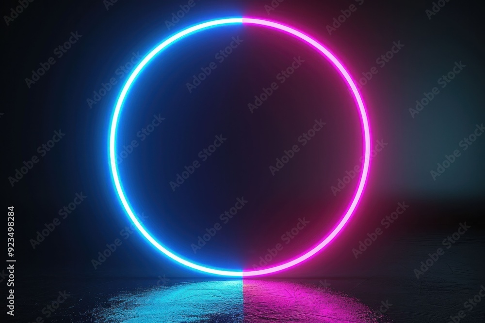 Neon circle split in blue and pink colors against a dark background, creating a futuristic and vibrant atmosphere Neon circle split in blue and pink colors against a dark background, creating a futuristic and vibrant atmosphere